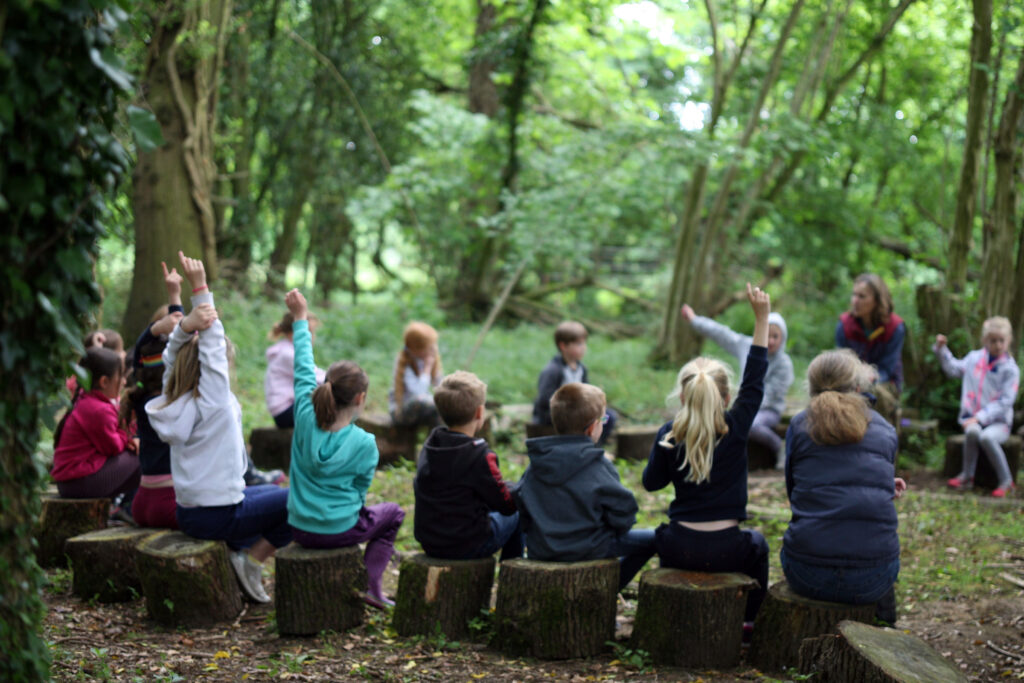 Children with hands up in outdoor lesson